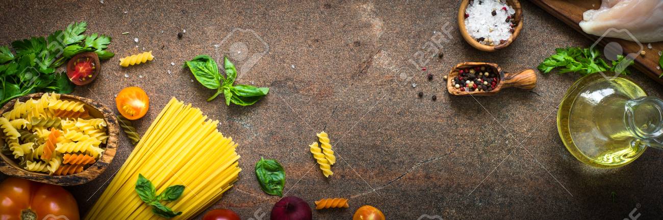 Italian Food Background. Pasta And Meat. Long Banner Format. Stock Photo,  Picture And Royalty Free Image. Image 82244490.